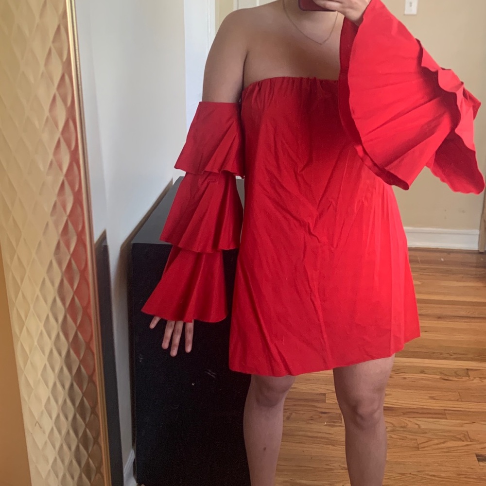 Red Ruffled Sleeve Dress - Picture 2 of 6